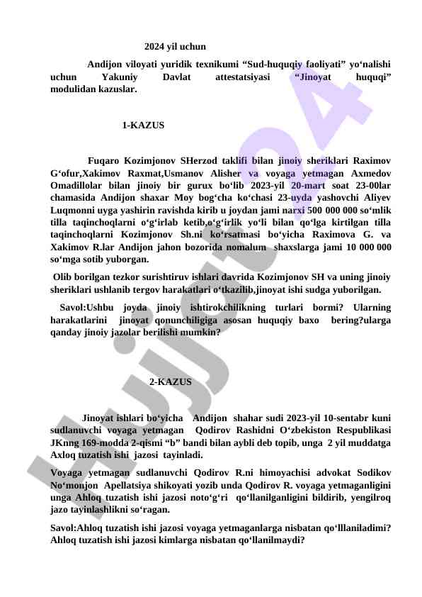 Jinoyat huquqi moduli bo'yicha kazuslar tahlili