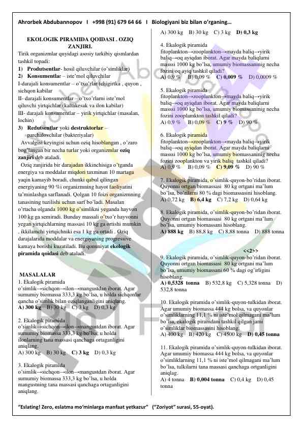 Ekologik piramida qoidasi va oziq zanjiri tahlili