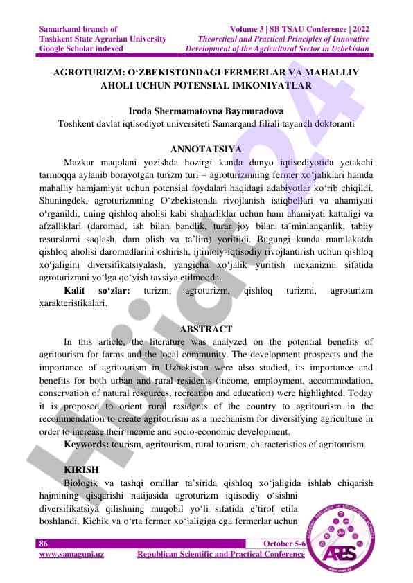 Agroturizm potensiallari va rivojlanish istiqbollari