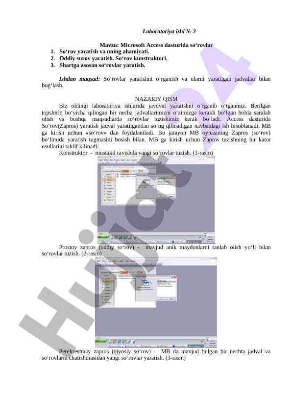 Microsoft access dasturida so‘rovlar yaratish