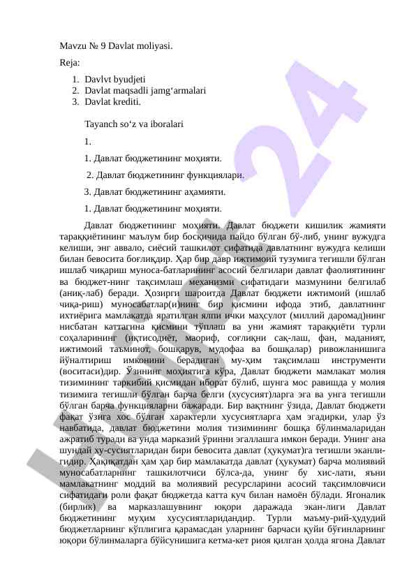 Davlat moliyasi: davlat budjetining muxim asoslari