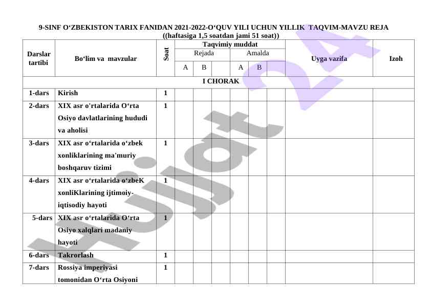 9-sinf o‘zbekiston tarix fani bo‘yicha yillik taqvim