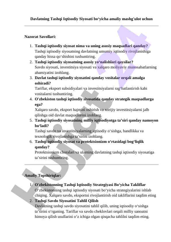 Tashqi iqtisodiy siyosat bo‘yicha amaliy mashg‘ulotlar