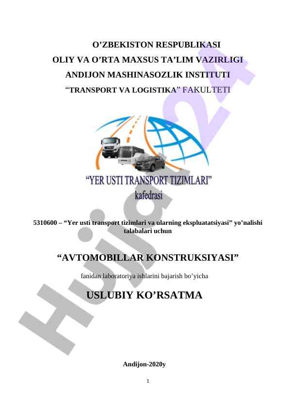 Avtomobillar konstruktsiyasi laboratoriya ishlari uslubiy ko'rsatma