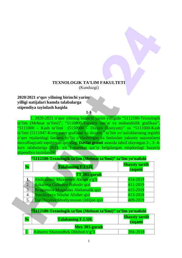 2020/2021 o‘quv yili stipendiya tayinlash natijalari