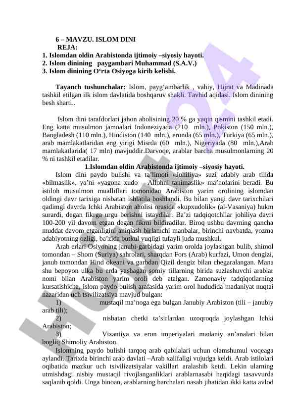 Islom dini va arabiston hayoti