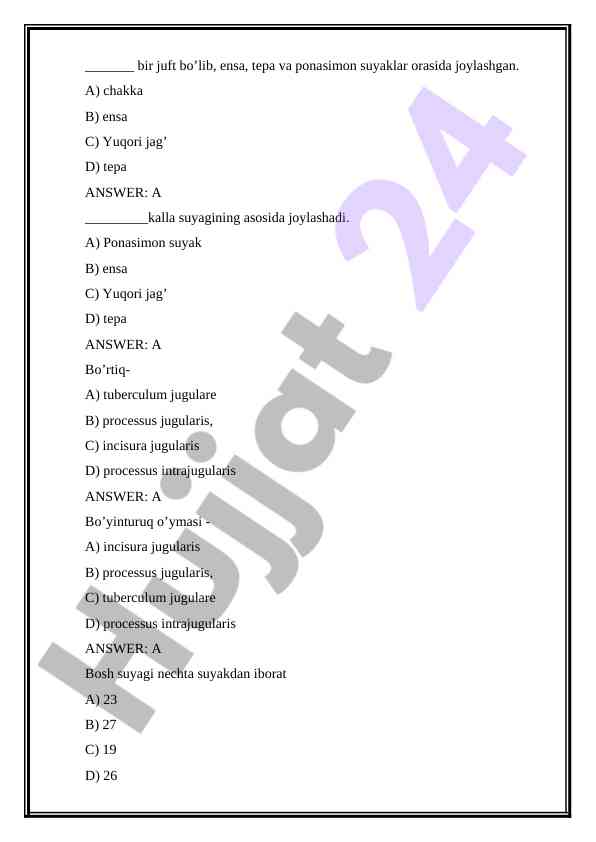 Anatomiya bo'yicha test savollari