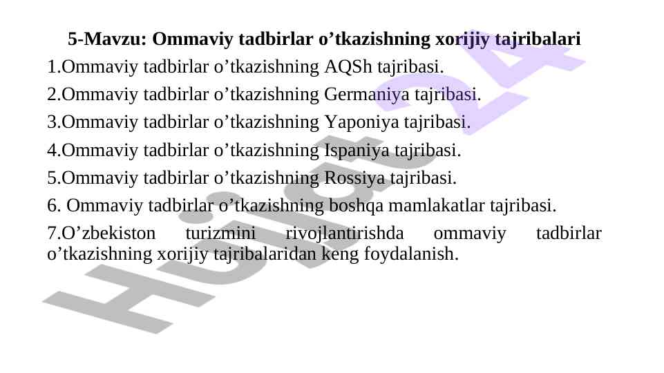 Ommaviy tadbirlar o'tkazishning xorijiy tajribalari