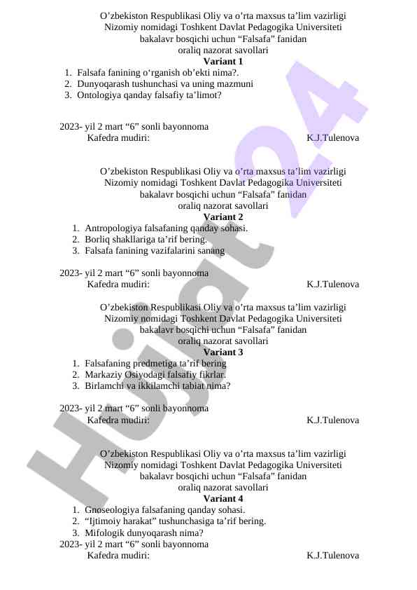 Falsafa fani oraliq nazorat savollari