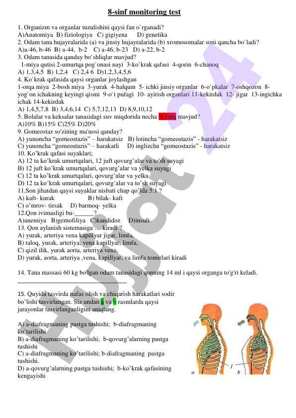 8-sinf monitoring testi: organizm va organlar