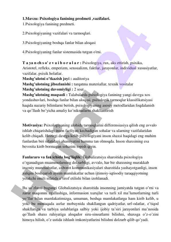 Psixologiya fanining predmeti va vazifalari