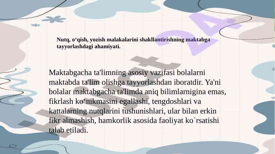 Maktabgacha ta'lim va nutq o‘stirish mashg‘ulotlari
