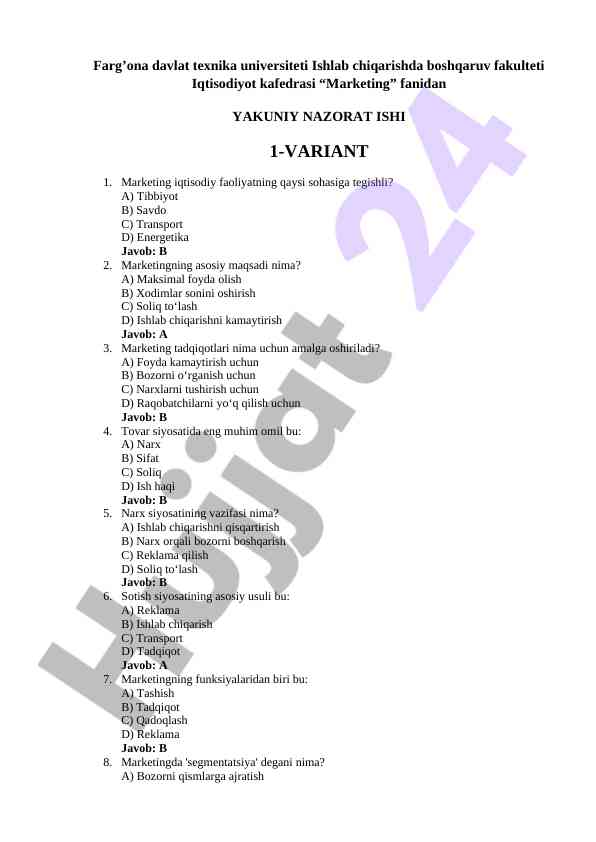 Marketing fanidan yakuniy nazorat ishi 1-variant