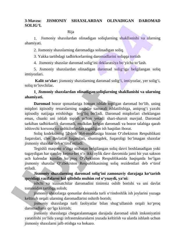 Jismoniy shaxslar daromad solig‘i va ahamiyati
