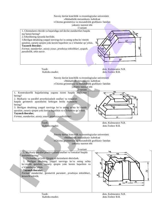 Chizma geometriya va muxandislik grafikasi nazorat ishlari