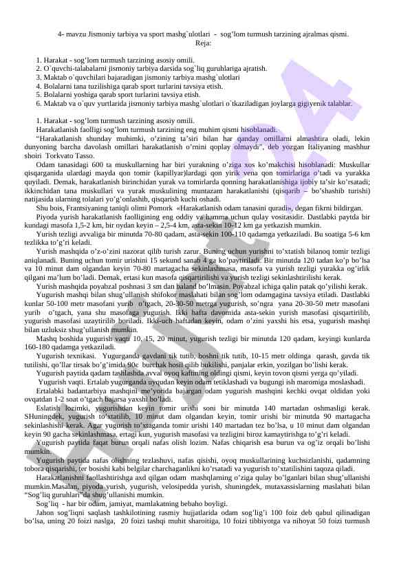 Jismoniy tarbiya va sport mashg‘ulotlari muhimligi