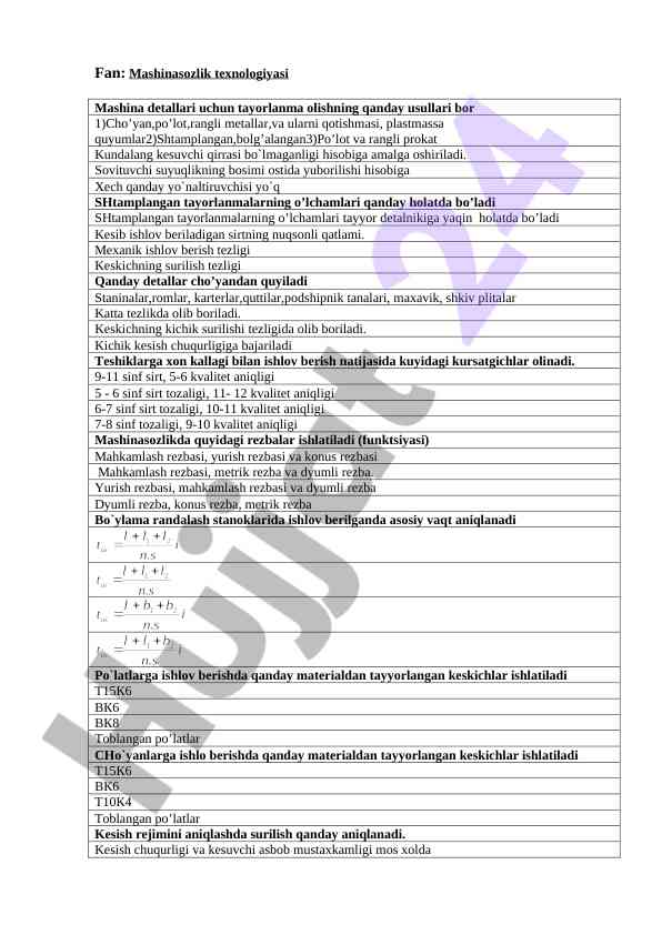 Mashinasozlik texnologiyasi tayinlash usullari