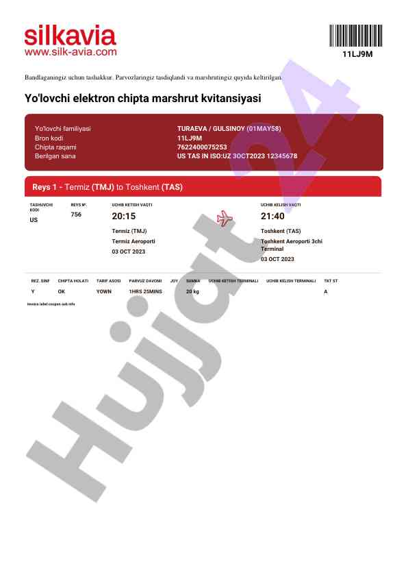 Toshkent va termiz orasidagi parvoz ma'lumotlari