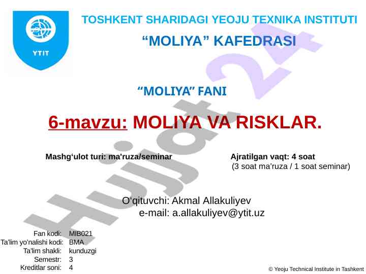 Moliya va risklar bo‘yicha dars ishlanmasi