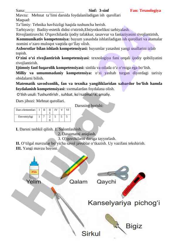 Mehnat ta'limi darsida foydalaniladigan ish qurollari