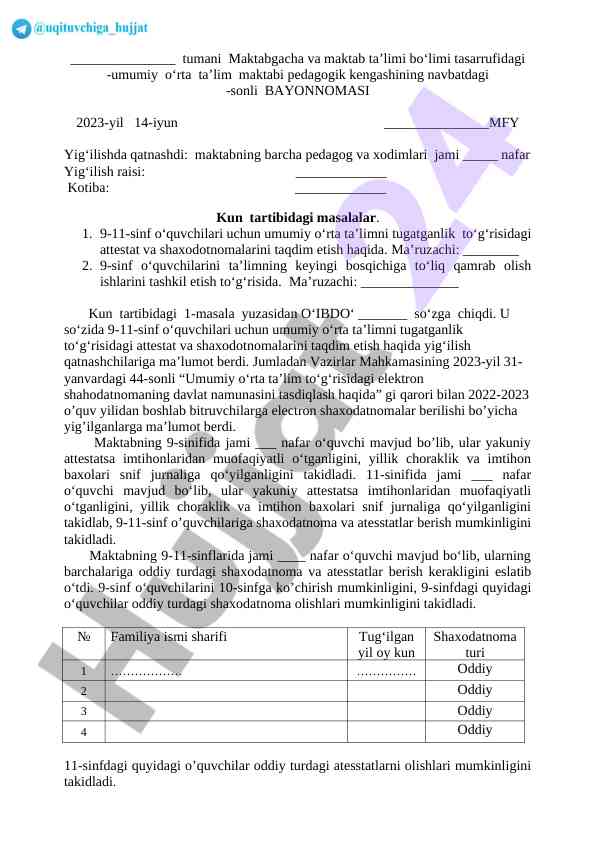 Umumiy o‘rta ta’lim maktabi pedagogik kengashi