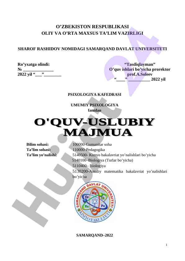 Umumiy psixologiya fanining o‘quv uslubiy majmuasi