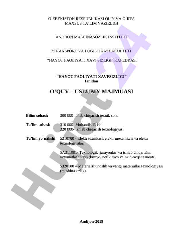 Hayot faoliyati xavfsizligi o‘quv uslubiy majmuasi 2019