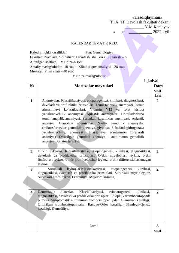 Klinik o‘quv amaliyoti va gematologiya rejasi