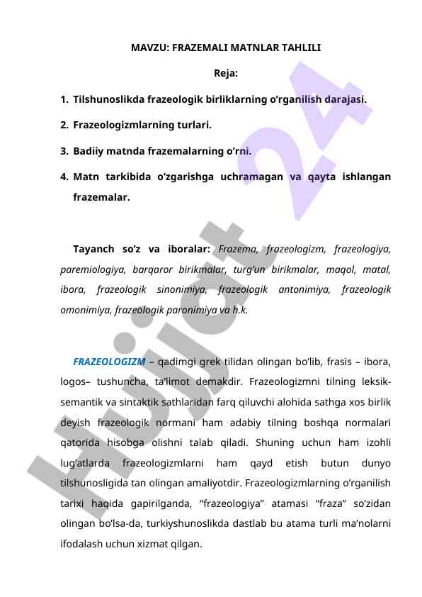 Frazemali matnlar tahlili va tilshunoslik asoslari