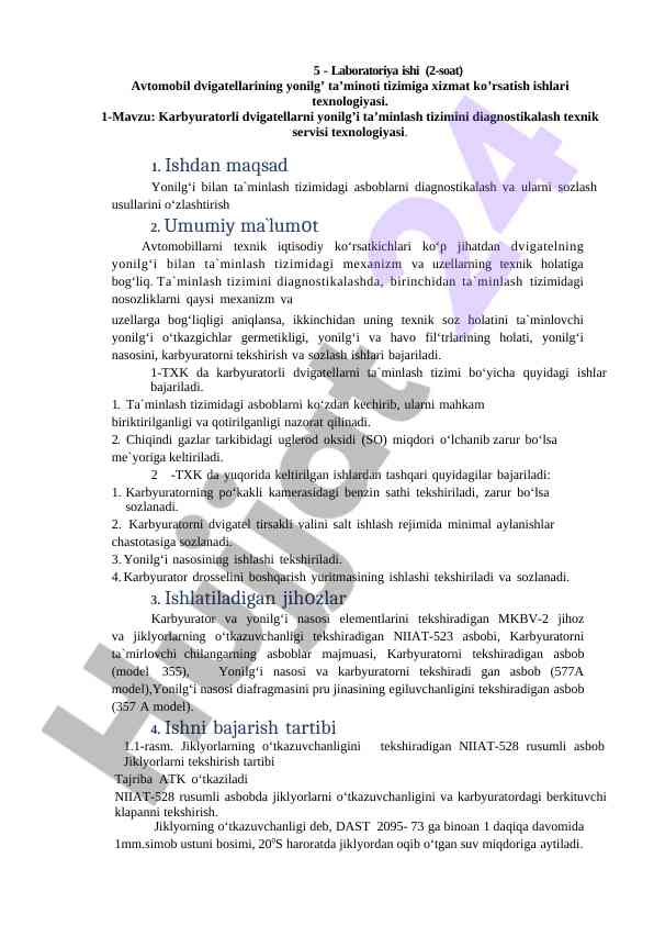 Avtomobil dvigatellarining yonilg’i ta’minoti tizimi