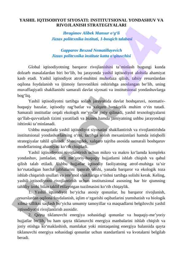 Yashil iqtisodiyot siyosati va rivojlanish strategiyalari