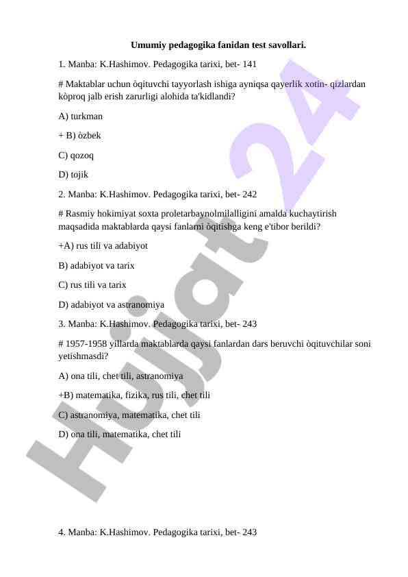 Umumiy pedagogika fani test savollari