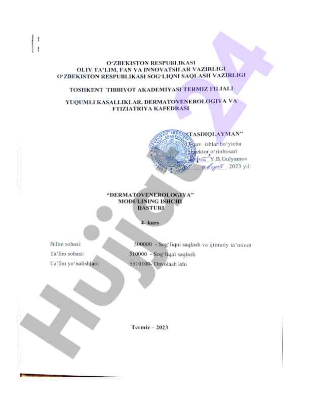 Dermatovenerologiya moduli o‘quv dasturi