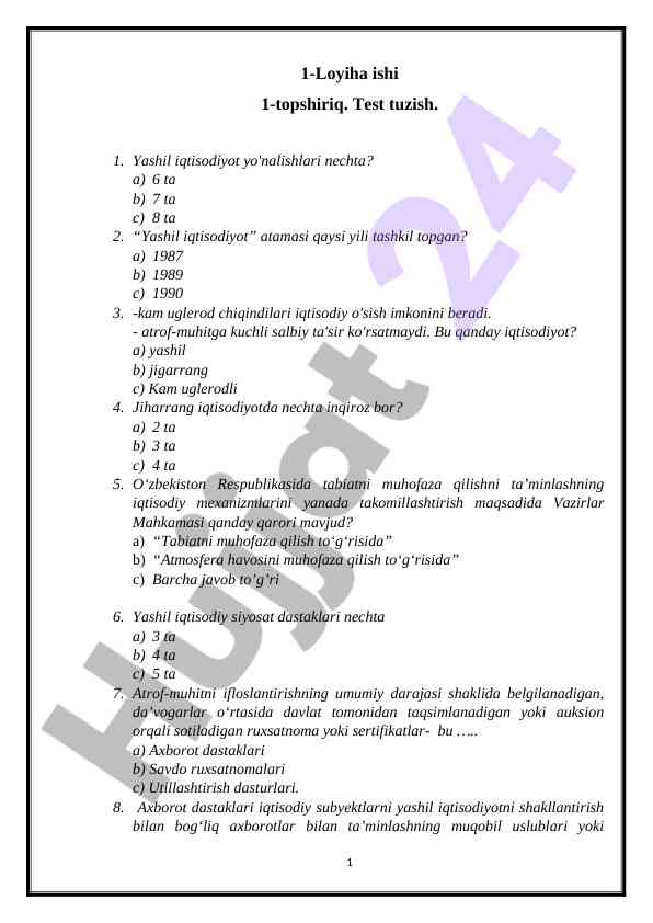 Yashil iqtisodiyot bo'yicha test savollari