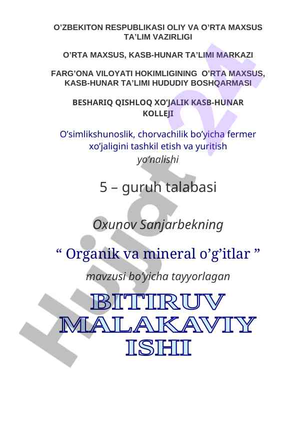 Organik va mineral o'gitlar tahlili