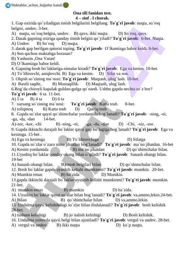 Ona tili fanidan test 4-sinf i chorak