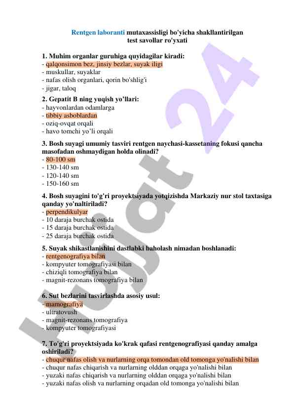 Rentgen laboranti mutaxassisligi test savollari