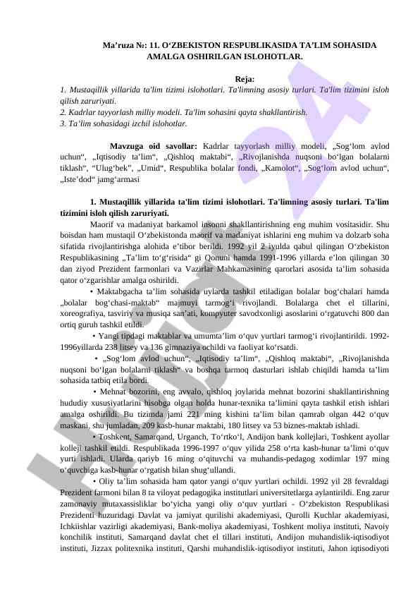 O‘zbekiston respublikasida ta’lim sohasida islohotlar