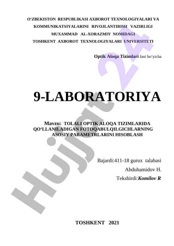 Tolali optik aloqa tizimlarida fotoqabulqilgilarning parametrlari