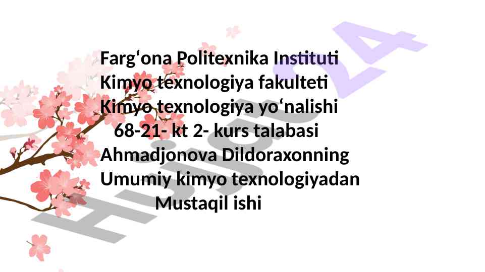 Umumiy kimyo texnologiyasi bo‘yicha mustaqil ish