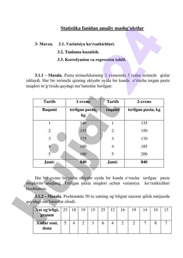 Statistika fanidan amaliy mashg‘ulotlar 3-mavzu