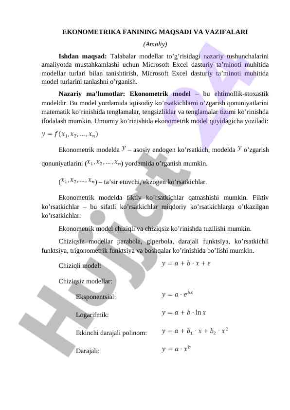Ekonometrika fani: maqsad va vazifalarda excel