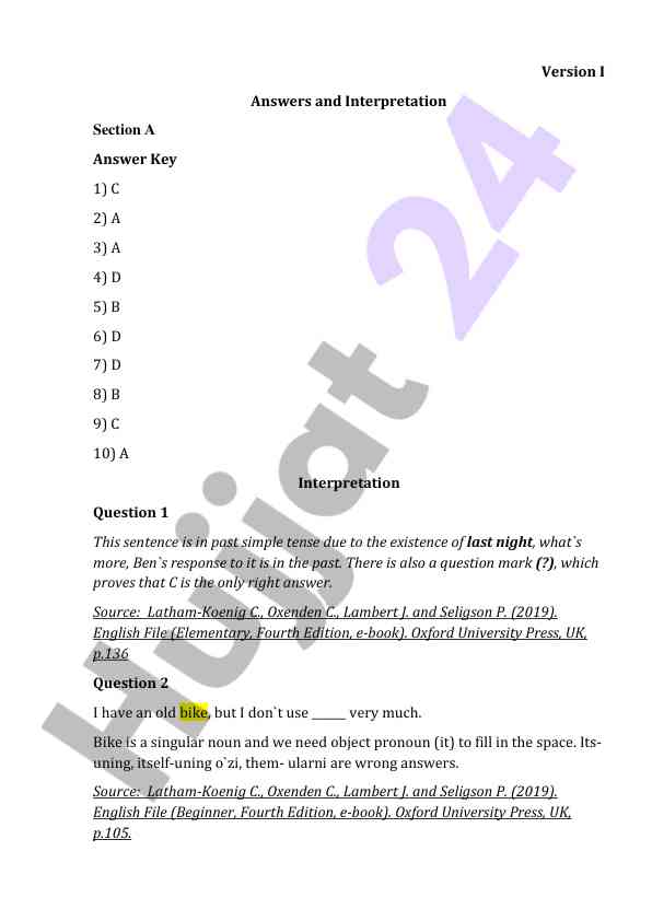 Version i answers and interpretation key for english file