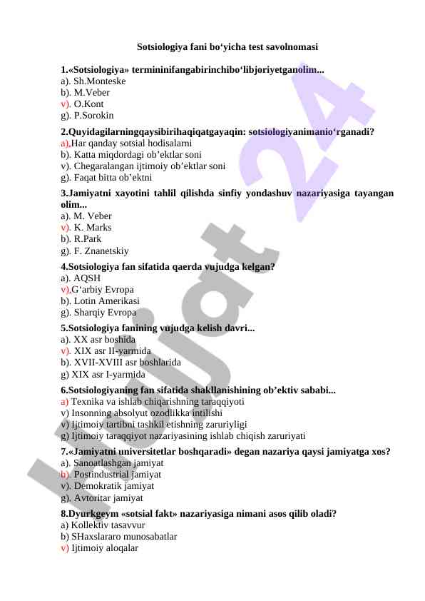 Sotsiologiya fani bo‘yicha test savolnomasi