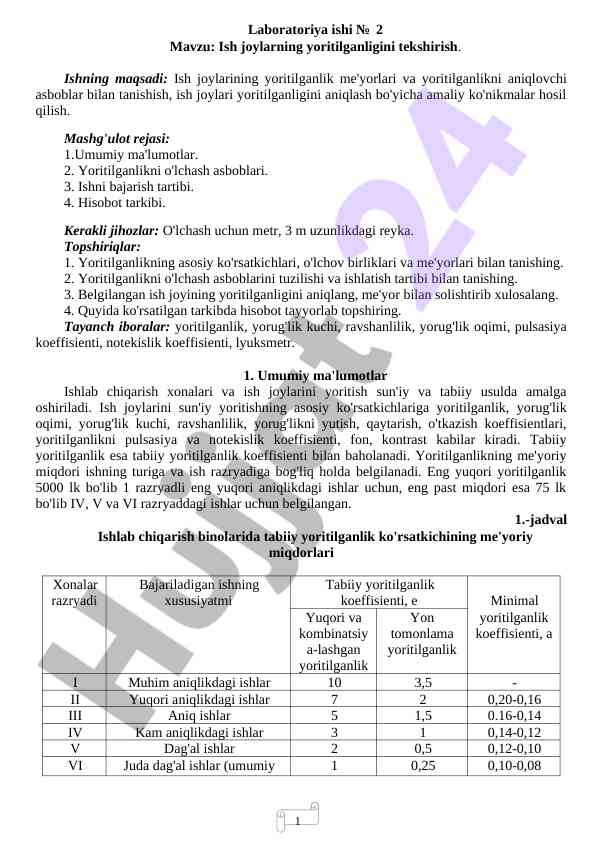 Ish joylarning yoritilganligini tekshirish
