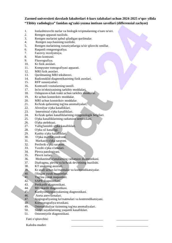 Tibbiy radiologiya imtihon savollari 2024-2025 yilida