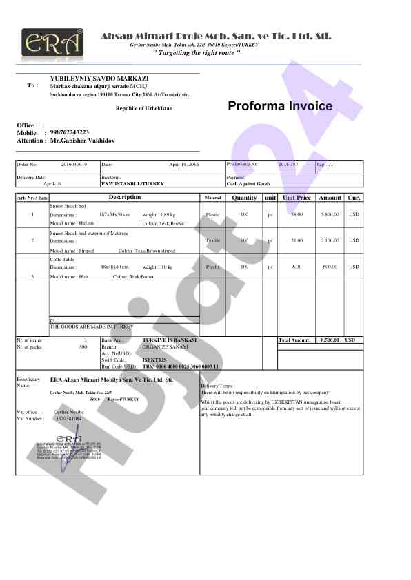 Proforma invoice for goods delivery from turkey