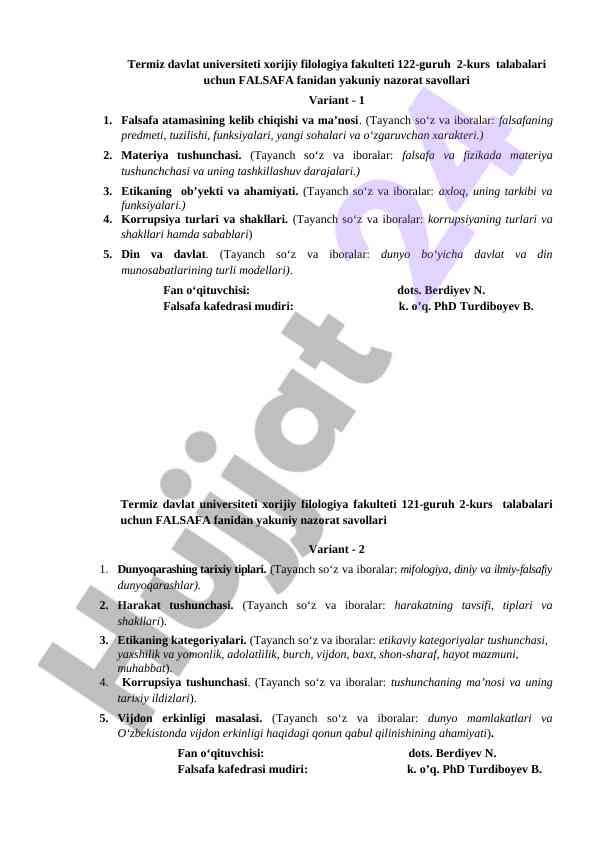 Falsafa fanidan yakuniy nazorat savollari variant 1