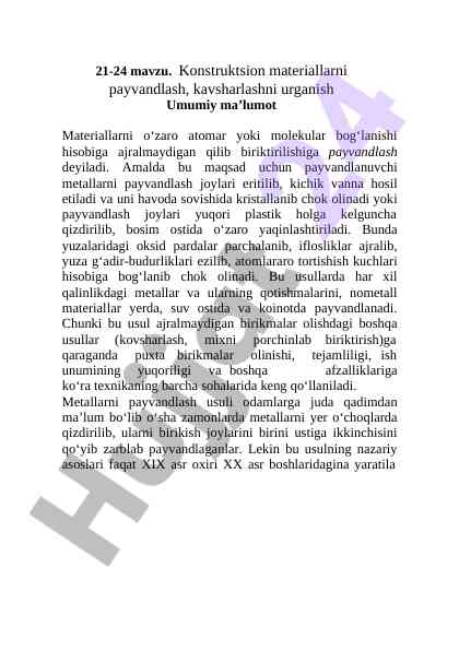 Konstruktsion materiallarni payvandlash o‘rganish