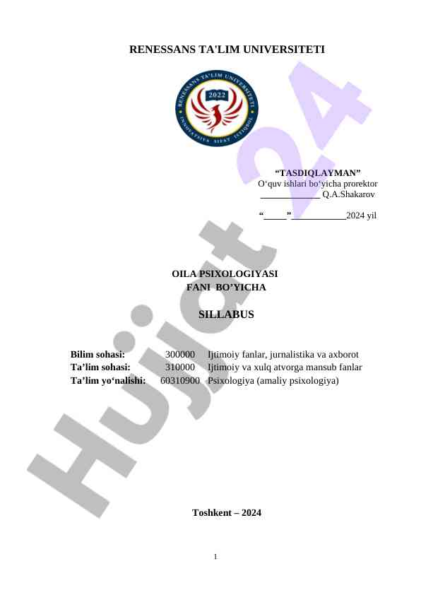 Psixologiya fani bo'yicha sillabus tavsifi